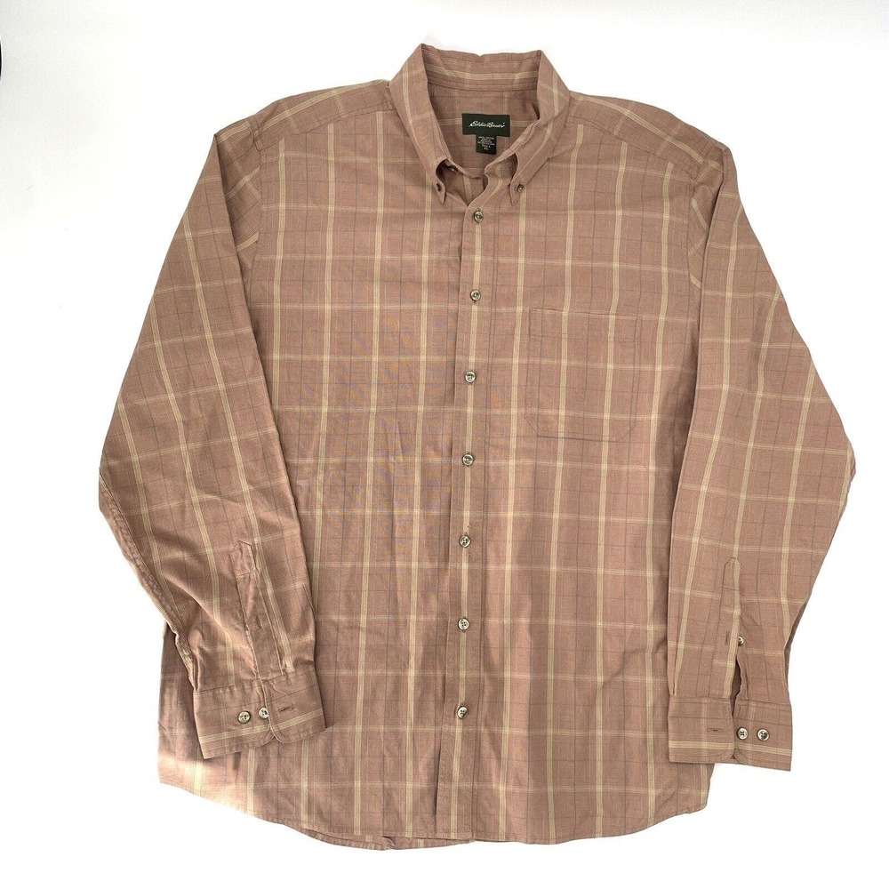 Eddie Bauer Long Sleeve Button Down Shirt XLT Tall Men Red Plaid 100% Cotton